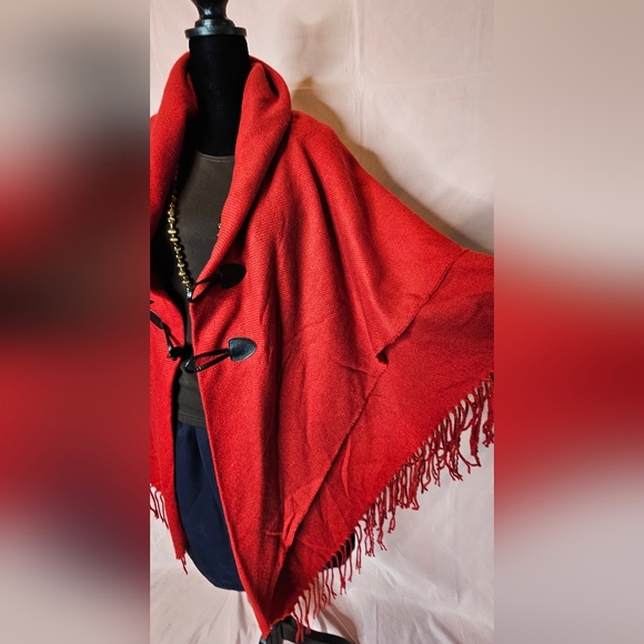 Bohemian Red Fringe Shawl Wrap / Toggle Front Cape - One Size - Picture 6 of 16